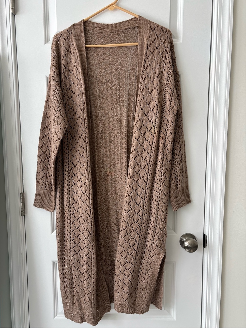 SHEIN Taupe Openwork Knit Long Cardigan Size S